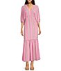 Color:Tiffany Pink/Ivory - Image 1 - Stripe Print V-Neckline 3/4 Sleeve Maxi Dress