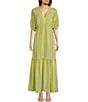 Color:Chartreuse - Image 1 - Striped V-Neckline Elbow Length Sleeve Tiered Bottom Maxi Dress