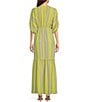 Color:Chartreuse - Image 2 - Striped V-Neckline Elbow Length Sleeve Tiered Bottom Maxi Dress