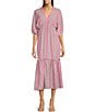 Color:Tiffany Pink - Image 1 - Striped V-Neckline Elbow Length Sleeve Tiered Bottom Maxi Dress