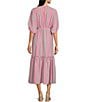 Color:Tiffany Pink - Image 2 - Striped V-Neckline Elbow Length Sleeve Tiered Bottom Maxi Dress