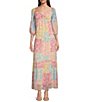 Color:Rose Peach - Image 1 - Floral Patchwork Print Sweetheart Neckline Long Sleeve Maxi Dress