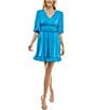 Color:Vibrant Blue - Image 1 - V Neckline 3/4 Sleeve Smocked Waist Dress