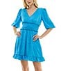 Color:Vibrant Blue - Image 3 - V Neckline 3/4 Sleeve Smocked Waist Dress