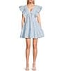 TCEC Ruffle Sleeve Bow Mini Babydoll Dress, Color:Baby Blue - Image 1