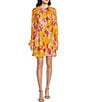 Color:Orange - Image 1 - Akemi Woven Abstract Print Round Neck Long Sleeve Mini Wrap Front Dress