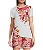 Color:Pink - Image 1 - Bellary Knit Floral Print Crew Neck Short Sleeve Coordinating Tee Shirt