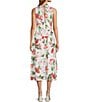 Color:White - Image 2 - Connihh Hammered Satin Mock Neck Sleeveless Floral Midi A-Line Dress