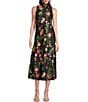 Color:Black - Image 1 - Connihh Hammered Satin Mock Neck Sleeveless Floral Midi A-Line Dress