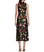 Color:Black - Image 2 - Connihh Hammered Satin Mock Neck Sleeveless Floral Midi A-Line Dress