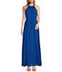 Color:Blue - Image 1 - Helyos Georgette Halter Neck Sleeveless Pleated Belted Maxi Dress
