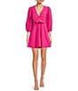 Color:Bright Pink - Image 1 - Jozelyn Woven V-Neck Balloon Sleeve Center Front Bow Mini Dress