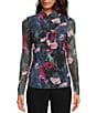Color:Black Multi - Image 1 - Kalyann Floral Print Mesh Knit Mock Neck Long Sleeve Top