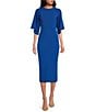 Color:Mid Blue - Image 1 - Lounia Knit Crew Neck Elbow Fluted Sleeve Pencil Midi Dress