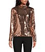 Color:Pale Pink - Image 1 - Lovato Metallic Mock Neck Long Sleeve Sequin Top