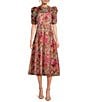 Color:Pink - Image 1 - Woven Tencel Painted Floral Print Round Neck Short Puff Sleeve Midi A-Line Dress
