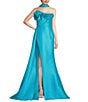 Terani Couture 3D Floral Strapless Stretch Mikado Drape Front Sheath Gown, Color:Turquoise - Image 1
