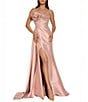 Terani Couture 3D Floral Strapless Stretch Mikado Drape Front Sheath Gown - Image 1