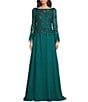 Color:Emerald - Image 1 - Cascade Beaded Boat Neck Feather Cuff Sleeve Belted A-Line Gown