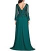 Color:Emerald - Image 2 - Cascade Beaded Boat Neck Feather Cuff Sleeve Belted A-Line Gown