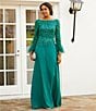 Color:Emerald - Image 3 - Cascade Beaded Boat Neck Feather Cuff Sleeve Belted A-Line Gown