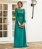 Color:Emerald - Image 4 - Cascade Beaded Boat Neck Feather Cuff Sleeve Belted A-Line Gown