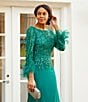 Color:Emerald - Image 5 - Cascade Beaded Boat Neck Feather Cuff Sleeve Belted A-Line Gown