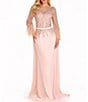 Color:Blush - Image 1 - Cascade Beaded Boat Neck Feather Cuff Sleeve Belted A-Line Gown