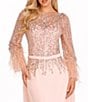 Color:Blush - Image 3 - Cascade Beaded Boat Neck Feather Cuff Sleeve Belted A-Line Gown