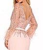 Color:Blush - Image 4 - Cascade Beaded Boat Neck Feather Cuff Sleeve Belted A-Line Gown