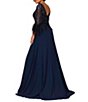 Color:Navy - Image 2 - Cascade Beaded Boat Neck Feather Cuff Sleeve Belted A-Line Gown