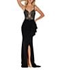 Color:Black - Image 1 - Beaded Bodice Draped Waist Front Slit Sleeveless Sheath Gown