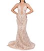 Color:Ivory Nude - Image 1 - Beaded Embroidered Illusion Crew Neck Mermaid Dress with Feathers