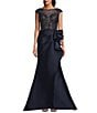 Color:Navy - Image 1 - Beaded Illusion Boat Neck Cap Sleeve Ruffle Gown