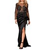 Color:Black Nude - Image 1 - Beaded Illusion Boat Neck Long Sleeve Thigh High Slit Mermaid Gown