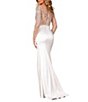 Color:Ivory Nude - Image 2 - Beaded Illusion Boat Neck Long Sleeve Thigh High Slit Mermaid Gown