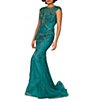 Color:Emerald - Image 1 - Beaded Illusion Crew Neck Cap Sleeve Open Back Cut-Out Mermaid Gown