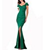 Color:Emerald - Image 1 - Beaded Off-the-Shoulder Sweetheart Neck Cap Sleeve Thigh High Slit Gown