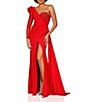 Color:Red - Image 1 - Beaded One Shoulder Beaded Illusion Sleeve Asymmetrical Neck Draped Back Front Slit Mermaid Gown
