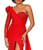 Color:Red - Image 3 - Beaded One Shoulder Beaded Illusion Sleeve Asymmetrical Neck Draped Back Front Slit Mermaid Gown