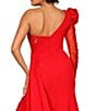 Color:Red - Image 4 - Beaded One Shoulder Beaded Illusion Sleeve Asymmetrical Neck Draped Back Front Slit Mermaid Gown