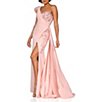 Color:Blush - Image 1 - Beaded One Shoulder Beaded Illusion Sleeve Asymmetrical Neck Draped Back Front Slit Mermaid Gown