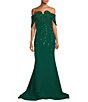 Color:Emerald - Image 1 - Beaded Satin Off-the-Shoulder Gown