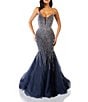 Color:Navy Silver - Image 1 - Beaded Strapless Sleeveless Mesh Deep V-Neck Mermaid Gown