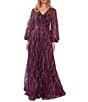 Color:Eggplant - Image 1 - Beaded Tulle V-Neck Long Balloon Sleeve A-Line Gown