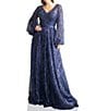 Color:Navy - Image 1 - Beaded Tulle V-Neck Long Balloon Sleeve A-Line Gown