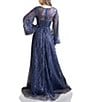 Color:Navy - Image 2 - Beaded Tulle V-Neck Long Balloon Sleeve A-Line Gown