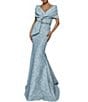 Color:Powder Blue - Image 1 - Brocade Twist Off-the-Shoulder Short Sleeve Beaded Waist Mermaid Gown