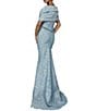 Color:Powder Blue - Image 2 - Brocade Twist Off-the-Shoulder Short Sleeve Beaded Waist Mermaid Gown
