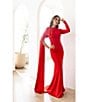 Color:Red - Image 3 - Crepe Crew Neck Long Sleeve Drape Sleeve Gown